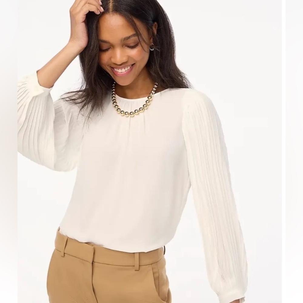 J. CREW Factory White Pleated Sleeve Blouse NEW Petite XS